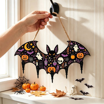 Portachiavi in ​​legno a forma di pipistrello per Halloween - Fantasma e teschio - 4 pezzi - 12"L x 5" H - image 0