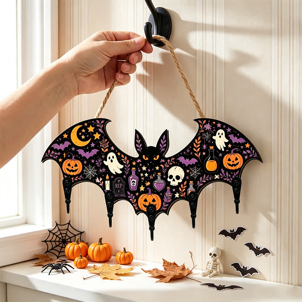 Portachiavi in ​​legno a forma di pipistrello per Halloween - Fantasma e teschio - 4 pezzi - 12"L x 5" H - image 0