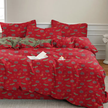 Set di biancheria da letto in cotone con zucca e pipistrello di Halloween - Rosso - Set di biancheria da letto (4 pezzi) - Matrimoniale Grande - image 0
