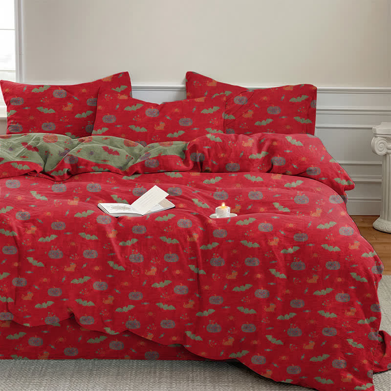 Set di biancheria da letto in cotone con zucca e pipistrello di Halloween - Rosso - Set di biancheria da letto (4 pezzi) - Matrimoniale Grande - image 0
