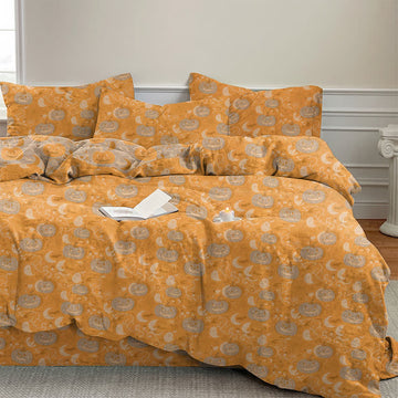 Set di biancheria da letto in cotone con zucche e luna di Halloween - Arancia - Set di biancheria da letto (4 pezzi) - Matrimoniale Grande - image 0