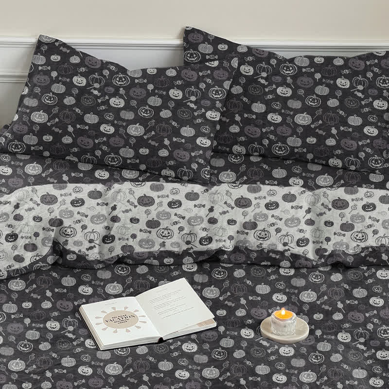 Set di biancheria da letto in cotone monocromatico con zucche per Halloween - Nero - 2 federe - 50cm x 50cm x 37" - image 7