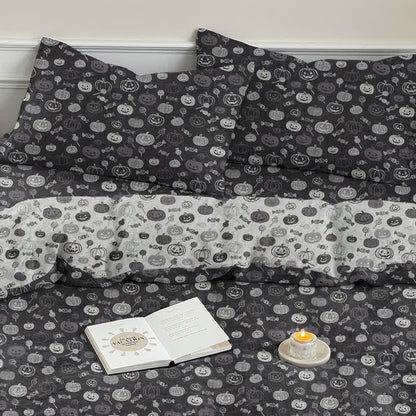 Set di biancheria da letto in cotone monocromatico con zucche per Halloween - Nero - 2 federe - 50cm x 50cm x 37" - image 7