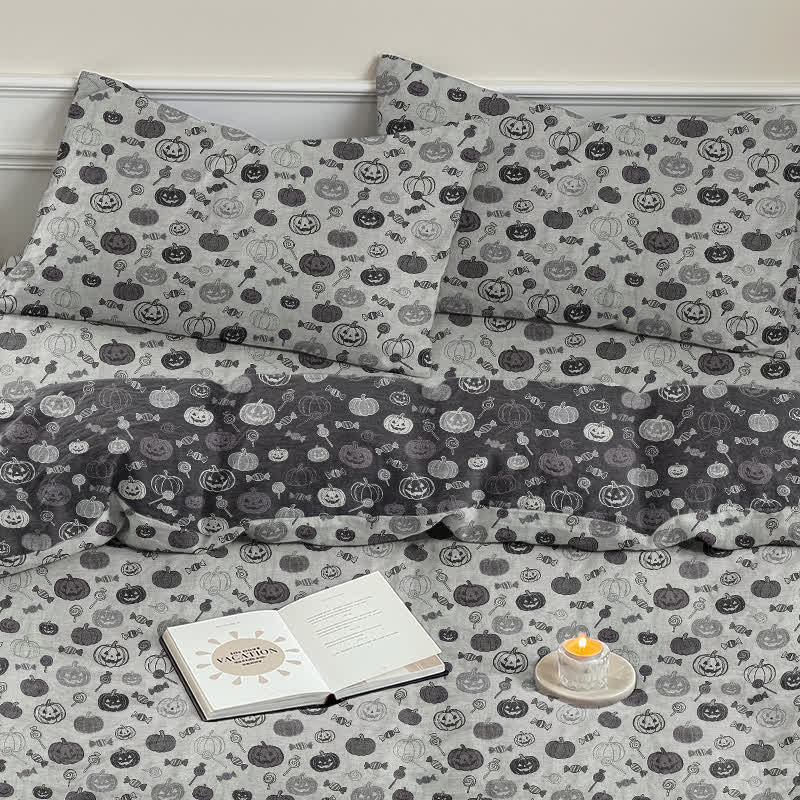 Set di biancheria da letto in cotone monocromatico con zucche per Halloween - Bianco - 2 federe - 50cm x 50cm x 37" - image 15