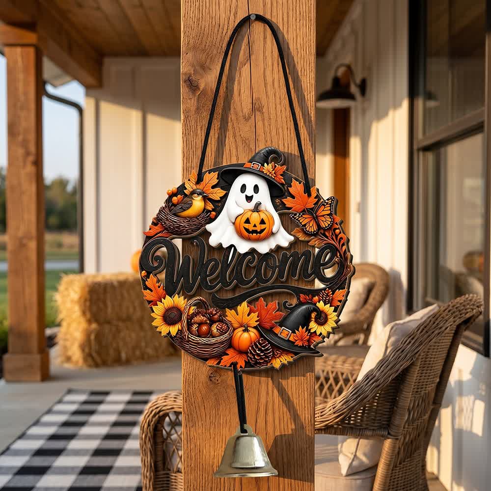 Cartello di benvenuto gotico in legno per Halloween. - fantasma e zucca - 5 pezzi - image 0