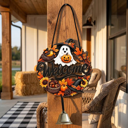 Cartello di benvenuto gotico in legno per Halloween. - fantasma e zucca - 5 pezzi - image 0