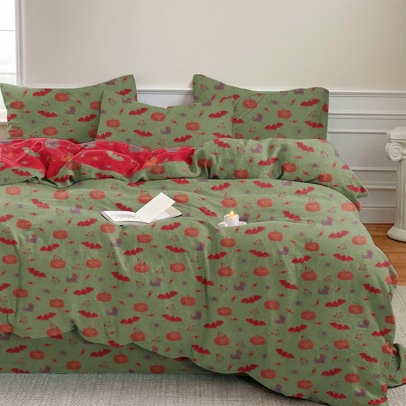 Set di biancheria da letto in cotone con zucca e pipistrello di Halloween - Verde - Set di biancheria da letto (4 pezzi) - Matrimoniale Grande - image 8