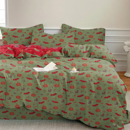 Set di biancheria da letto in cotone con zucca e pipistrello di Halloween - Verde - Set di biancheria da letto (4 pezzi) - Matrimoniale Grande - image 8
