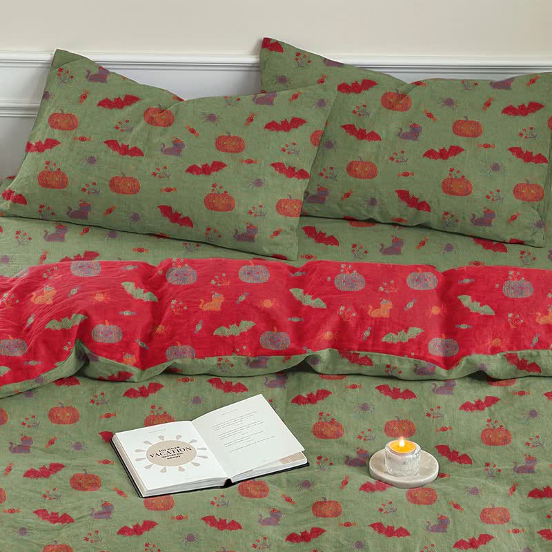 Set di biancheria da letto in cotone con zucca e pipistrello di Halloween - image 14