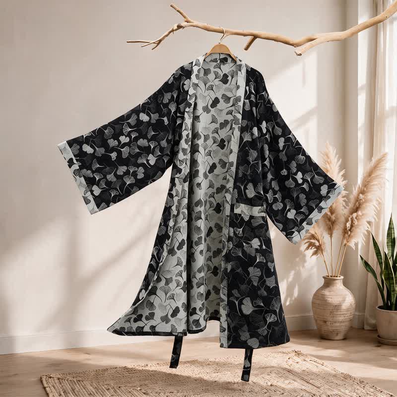 Kimono in cotone con foglie di ginkgo bianche e nere - Nero - 2XL - image 0