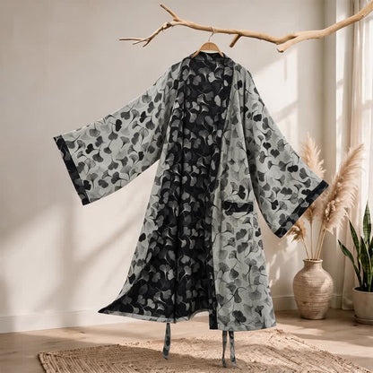 Kimono in cotone con foglie di ginkgo bianche e nere - Bianco - 2XL - image 5