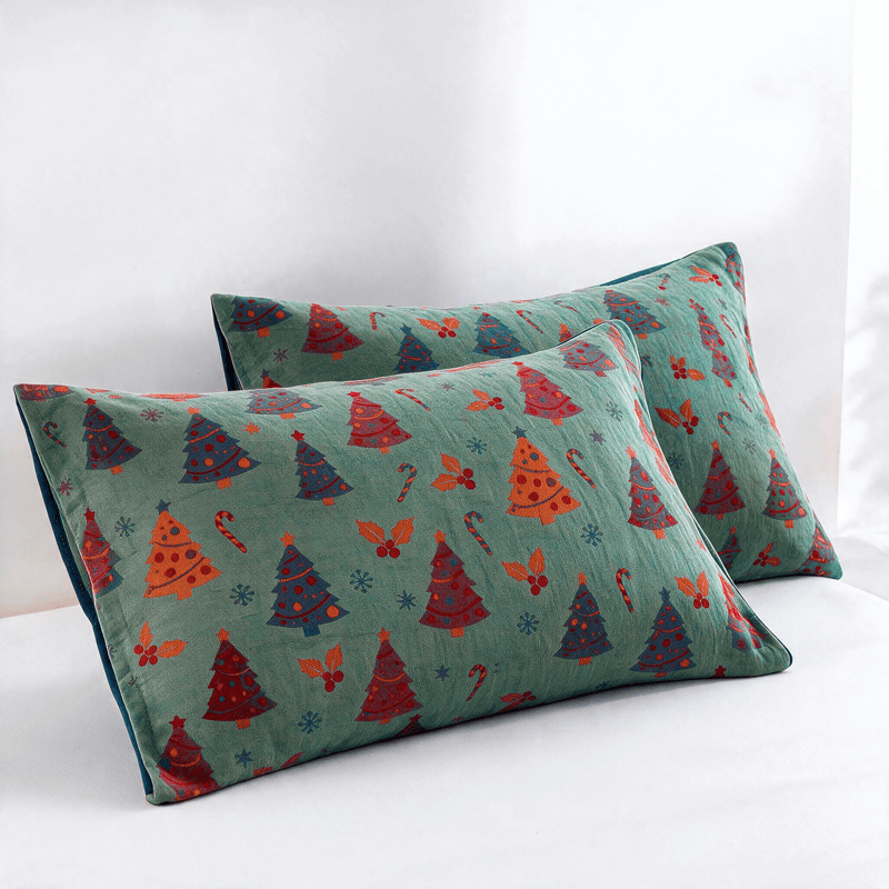 Coperta festiva in garza di cotone con motivo albero di Natale - Verde - 2 federe - 51cm x 91cm - image 11