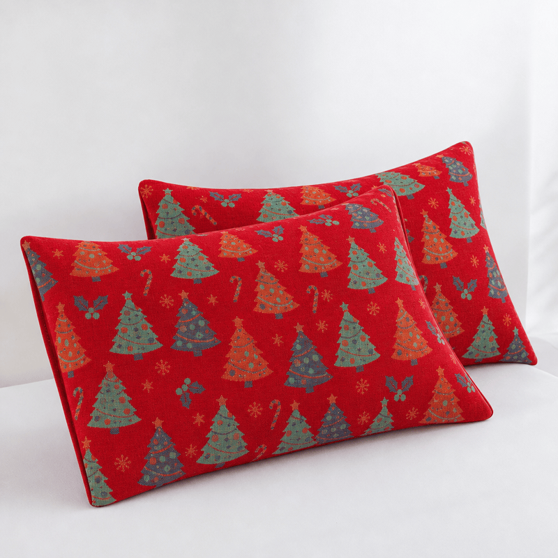 Coperta festiva in garza di cotone con motivo albero di Natale - Rosso - 2 federe - 51cm x 91cm - image 5