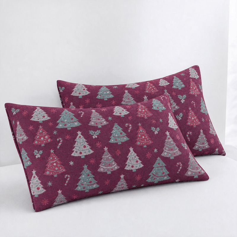 Coperta festiva in garza di cotone con motivo albero di Natale - Viola - 2 federe - 51cm x 91cm - image 17