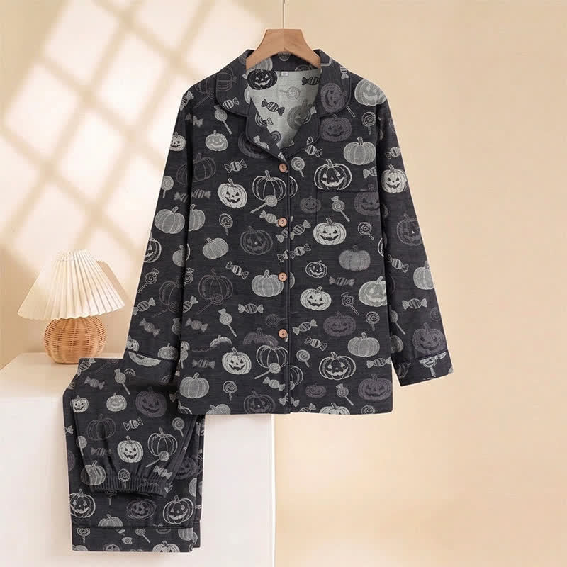 Completo da casa in cotone con zucche nere di Halloween. - image 1