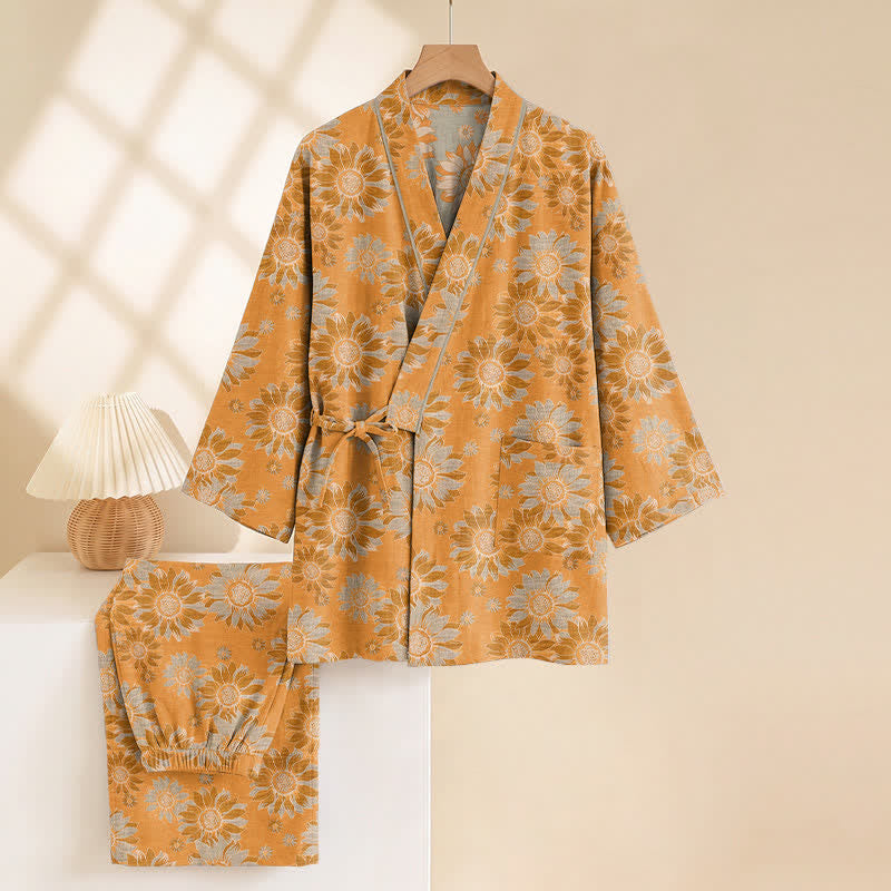 Set pigiama kimono in cotone con stampa girasoli in stile retrò - image 3