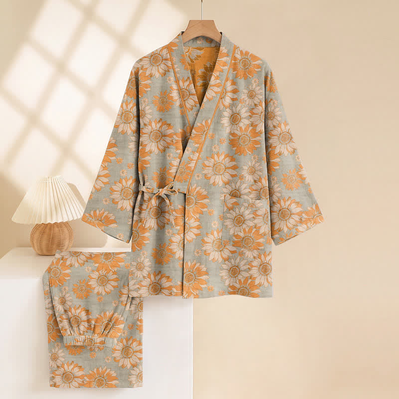 Set pigiama kimono in cotone con stampa girasoli in stile retrò - image 10