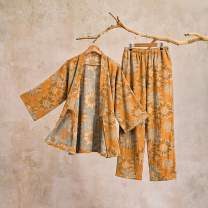 Set pigiama kimono in cotone con stampa girasoli in stile retrò - image 4