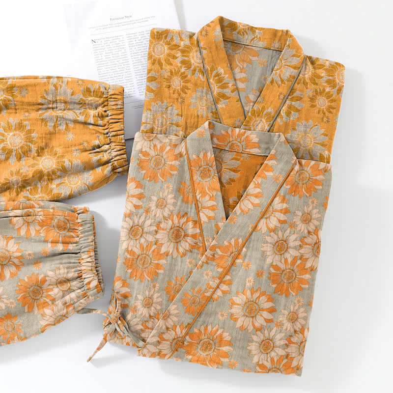 Set pigiama kimono in cotone con stampa girasoli in stile retrò - image 12
