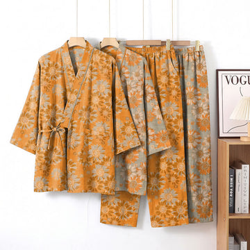 Set pigiama kimono in cotone con stampa girasoli in stile retrò - image 0