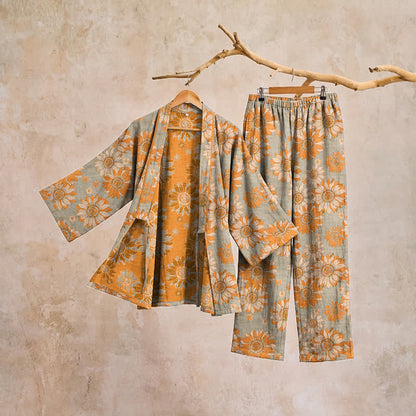 Set pigiama kimono in cotone con stampa girasoli in stile retrò - image 11