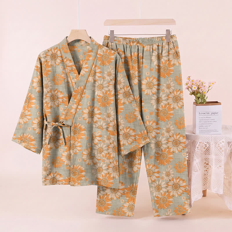 Set pigiama kimono in cotone con stampa girasoli in stile retrò - image 9