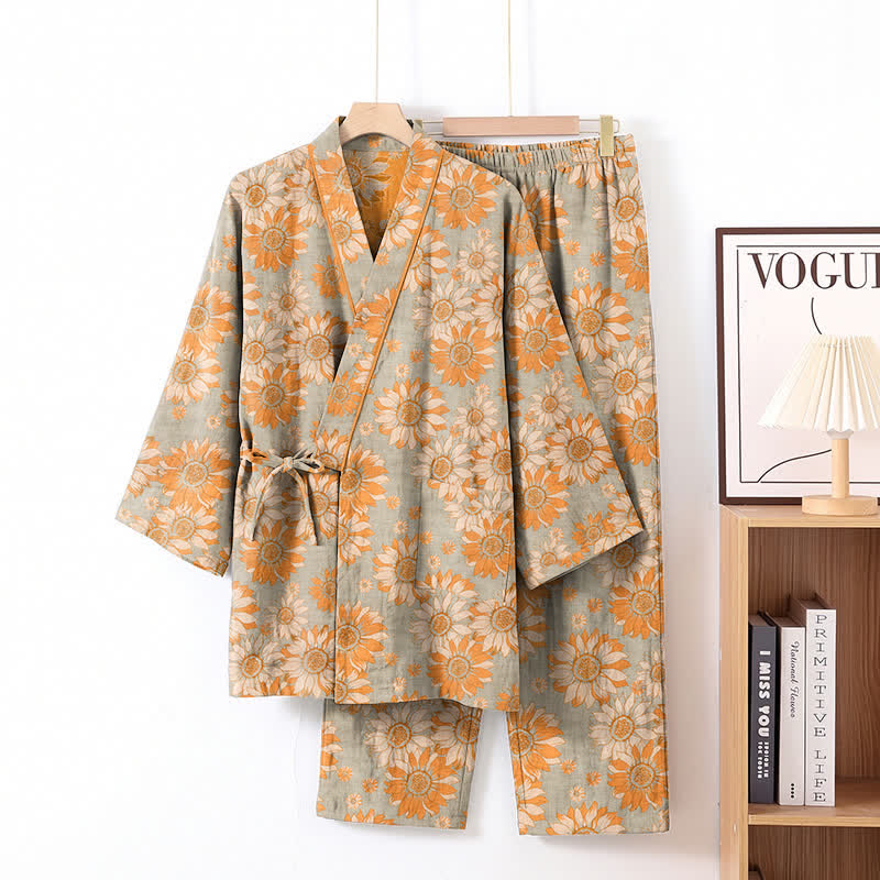 Set pigiama kimono in cotone con stampa girasoli in stile retrò - Grigio chiaro - XL - image 7