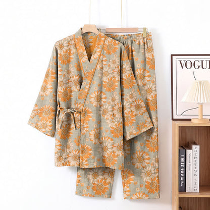 Set pigiama kimono in cotone con stampa girasoli in stile retrò - Grigio chiaro - XL - image 7