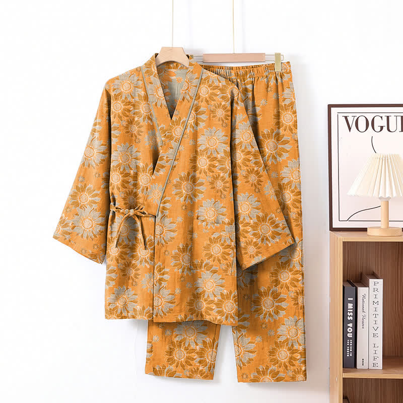Set pigiama kimono in cotone con stampa girasoli in stile retrò - Arancia - XL - image 1