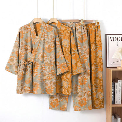 Set pigiama kimono in cotone con stampa girasoli in stile retrò - image 8