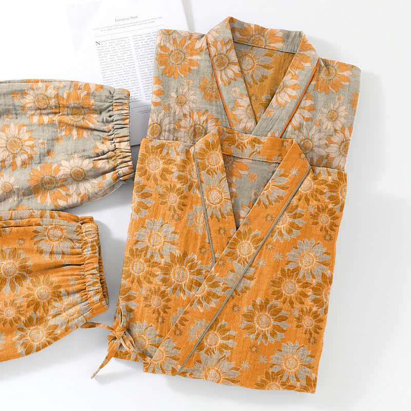 Set pigiama kimono in cotone con stampa girasoli in stile retrò - image 5