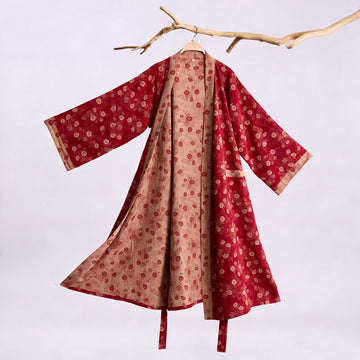 Kimono in garza di cotone con motivo floreale retrò - Rosso - XL - image 0