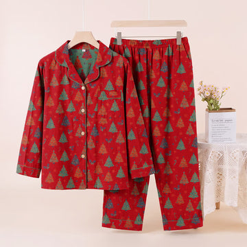 Completo da casa in garza di cotone con motivo albero di Natale - Rosso - XL - image 0
