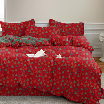 Set di biancheria da letto in cotone con motivo albero di Natale. - Rosso - Set di biancheria da letto (4 pezzi) - Matrimoniale Grande - image 0