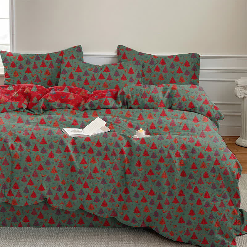 Set di biancheria da letto in cotone con motivo albero di Natale. - Verde - Set di biancheria da letto (4 pezzi) - Matrimoniale Grande - image 8