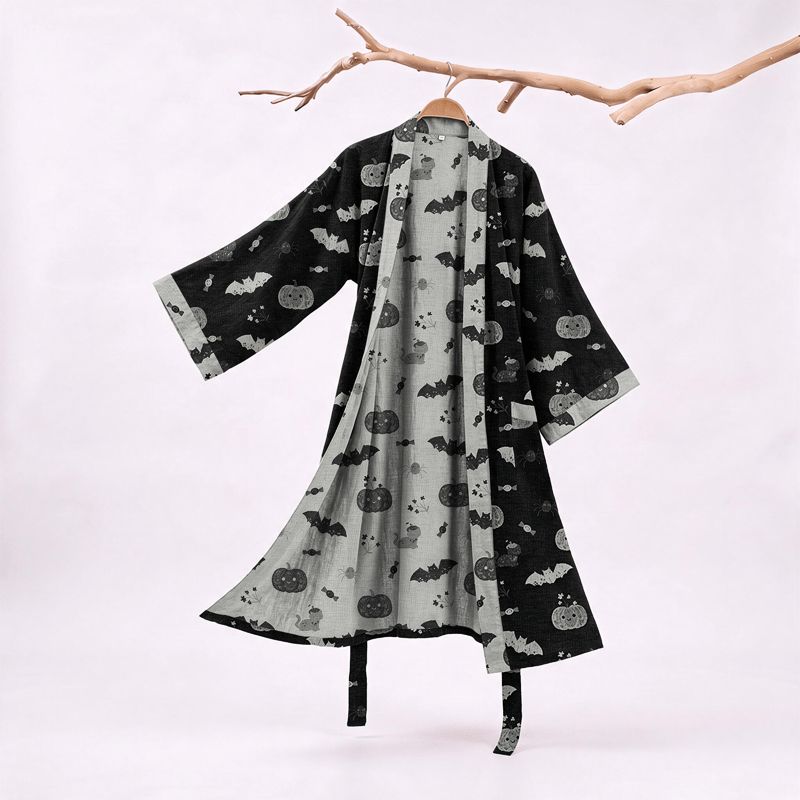 Kimono in cotone con zucca e pipistrello di Halloween - Nero - 2XL - image 0