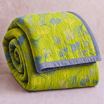 Coperta in cotone con foglie di ginkgo grigio-verdi - Verde - 90" x 92" - image 0