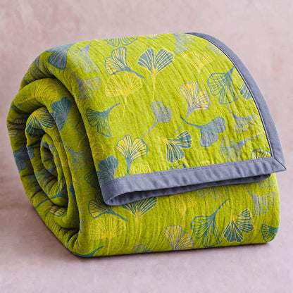 Coperta in cotone con foglie di ginkgo grigio-verdi - Verde - 90" x 92" - image 0