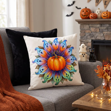 Fodera per cuscino decorativo con zucca e fiori di Halloween - Copertina + inserto - 2 pezzi - 45cm x 45cm - image 0