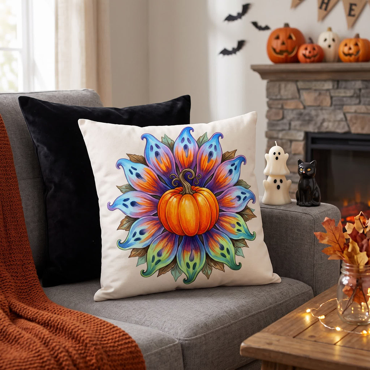 Fodera per cuscino decorativo con zucca e fiori di Halloween - Copertina + inserto - 2 pezzi - 45cm x 45cm - image 0