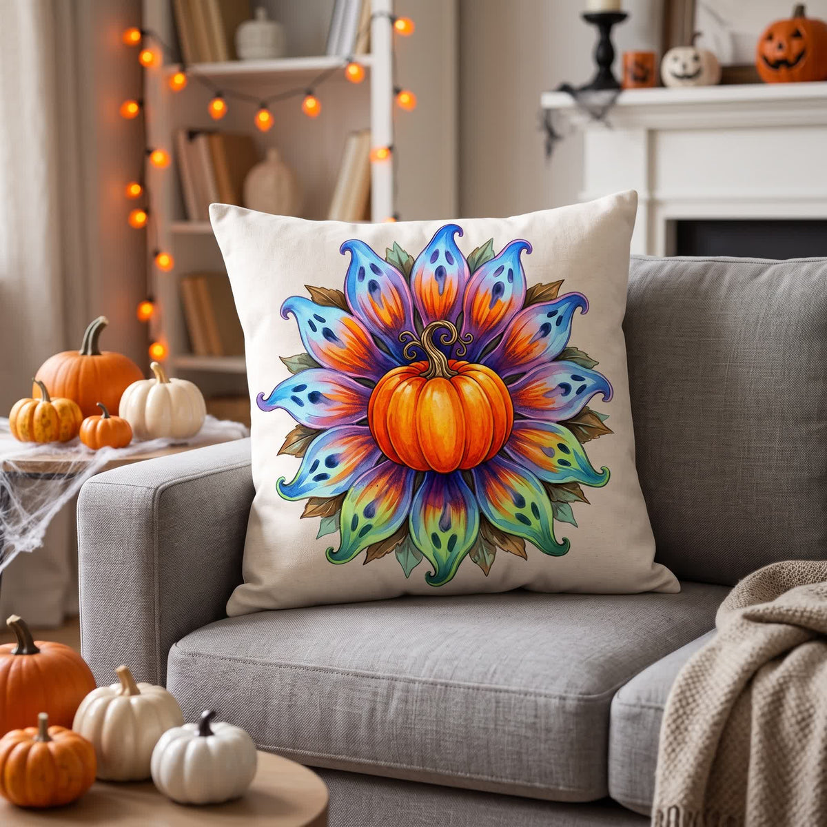 Fodera per cuscino decorativo con zucca e fiori di Halloween - image 2