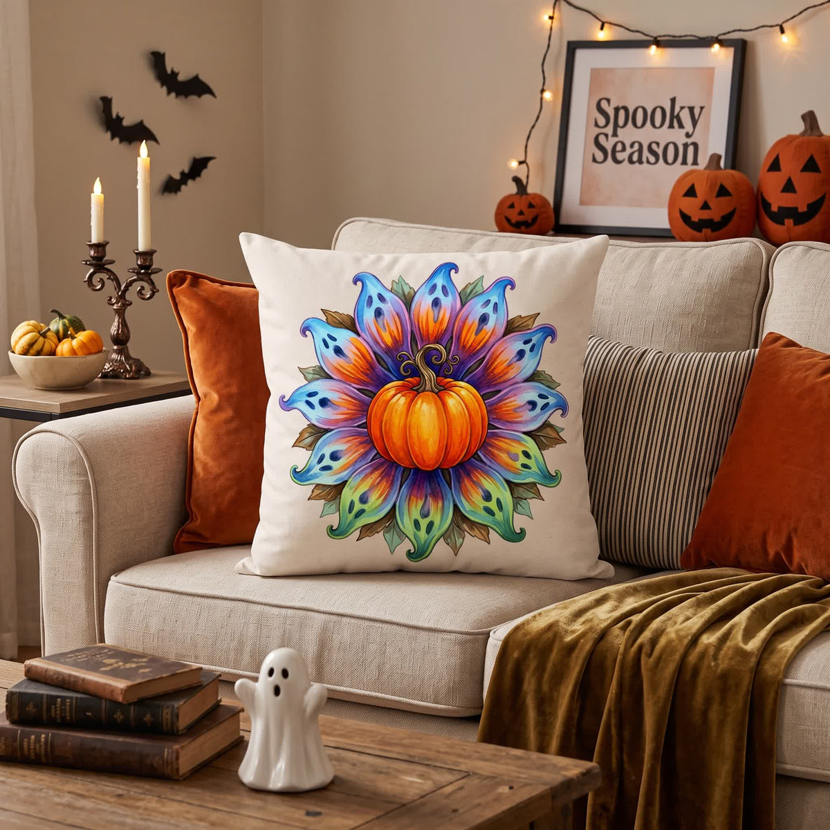 Fodera per cuscino decorativo con zucca e fiori di Halloween - image 1