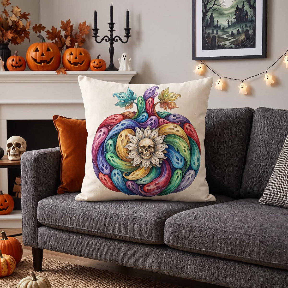 Fodera per cuscino di Halloween con fantasma arcobaleno e zucca. - image 1