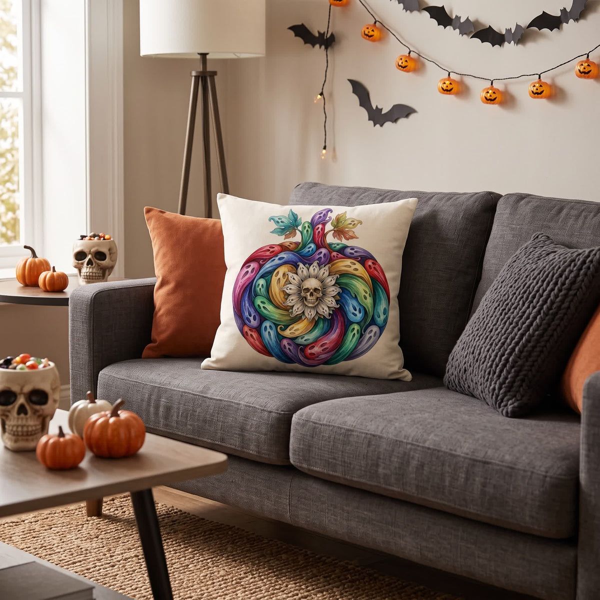 Fodera per cuscino di Halloween con fantasma arcobaleno e zucca. - image 3