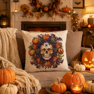 Fodera per cuscino decorativo con teschio gotico vintage per Halloween. - Copertina + inserto - 2 pezzi - 45cm x 45cm - image 0