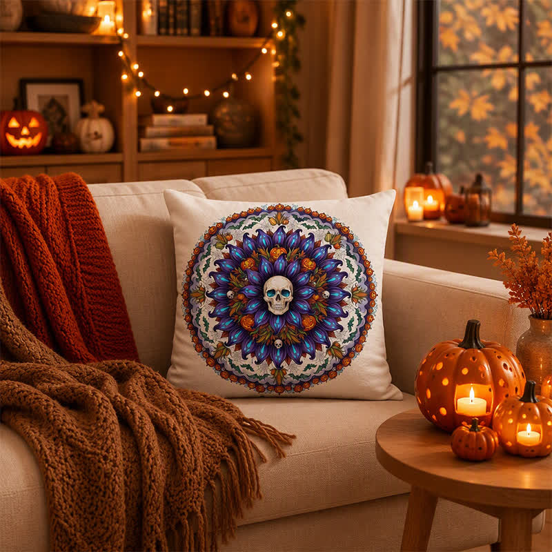 Fodera per cuscino decorativo con teschio gotico e mandala di Halloween - Copertina + inserto - 2 pezzi - 45cm x 45cm - image 0