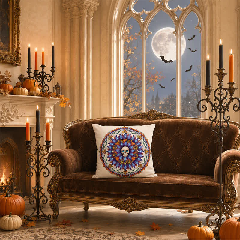 Fodera per cuscino decorativo con teschio gotico e mandala di Halloween - image 2