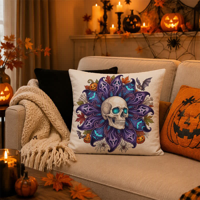 Fodera per cuscino decorativo con teschio e petali di fantasma notturno - Copertina + inserto - 2 pezzi - 45cm x 45cm - image 0