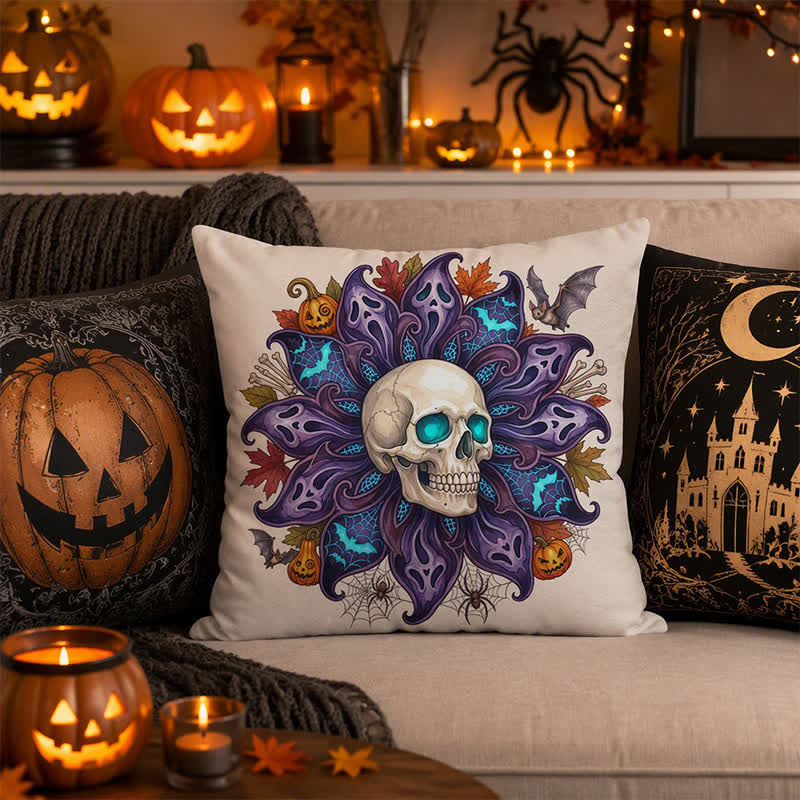 Fodera per cuscino decorativo con teschio e petali di fantasma notturno - image 1