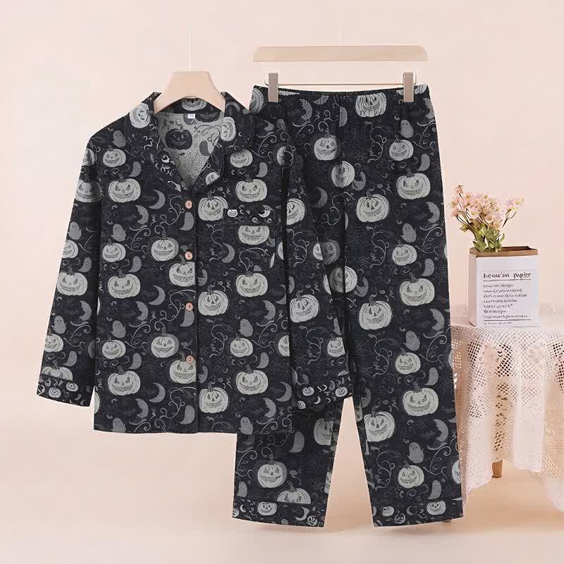 Completo pigiama in cotone a tema Halloween con zucche e fantasmi - Nero - XL - image 0